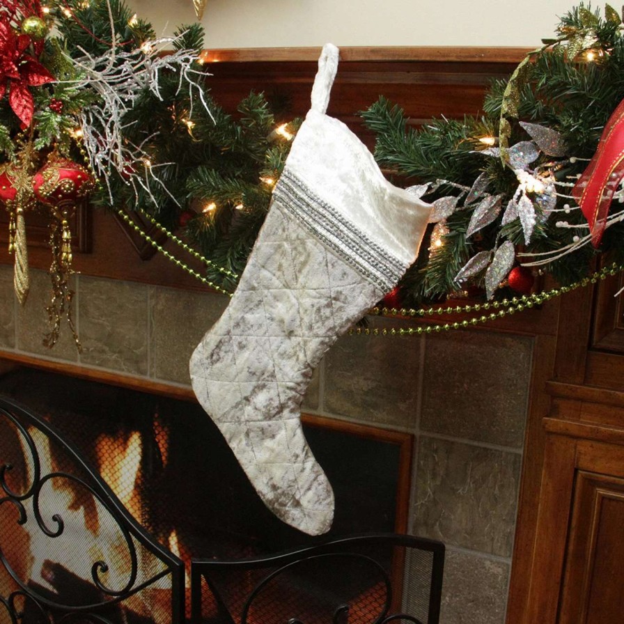 Stockings & Holders * | Cc Christmas Decor 17 Gray And White Quilted Embellished Christmas Stocking