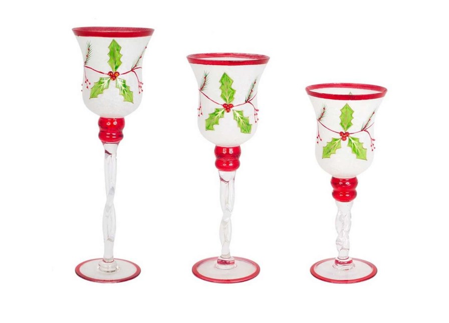 Candles & Lanterns * | Melrose Set Of 3 White And Red Glass Holly Candle Holders Christmas Decor 15.75