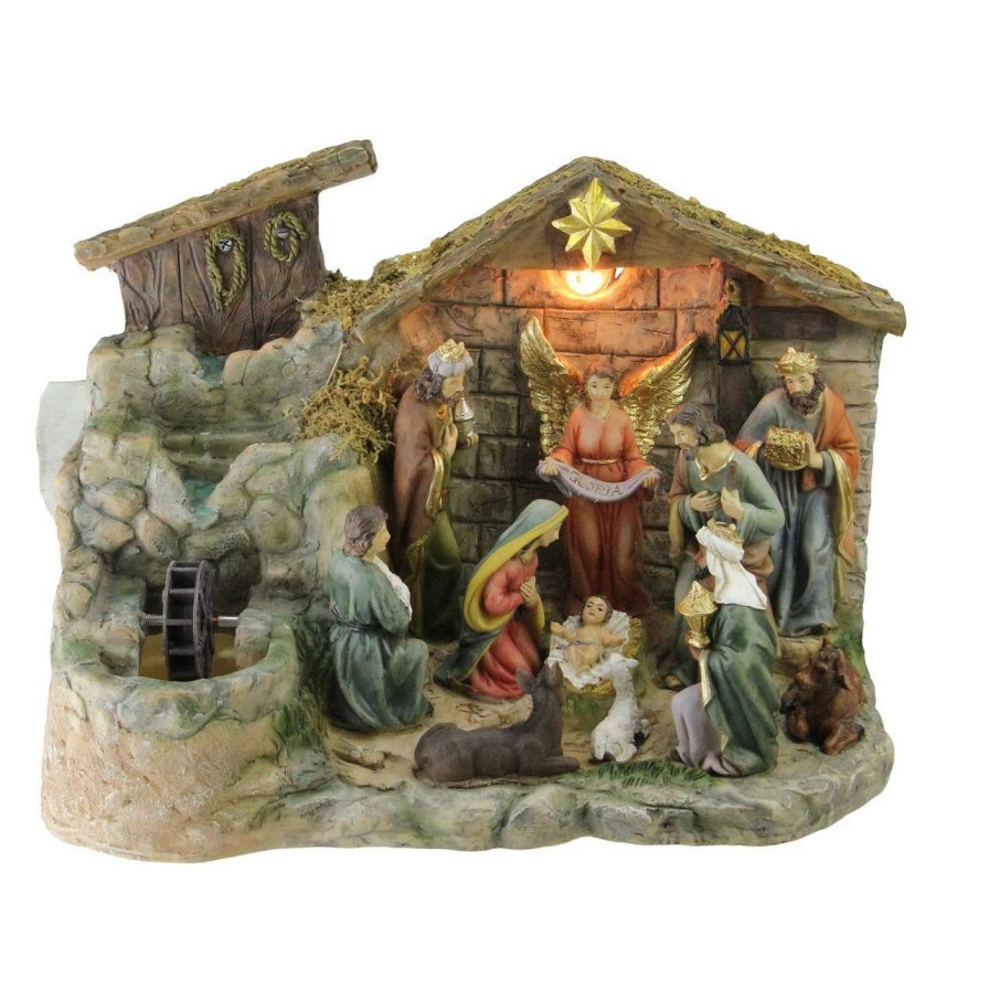 Nativity Sets & Accessories * | Northlight 11-Piece Pre-Lit Brown Christmas Nativity Figurine Set With Water Fountain 11 Warm White Light