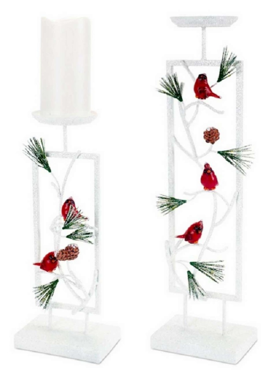 Candles & Lanterns * | Melrose Set Of 2 Woodland Inspired Snowy Cardinal Christmas Pillar Candle Holders 19.5