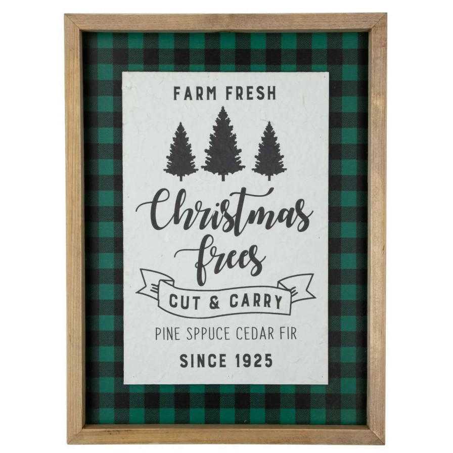 Christmas Village Sets & Accessories * | Northlight 16 Buffalo Plaid Wooden Framed "Farm Fresh Christmas Trees" Wall Decor