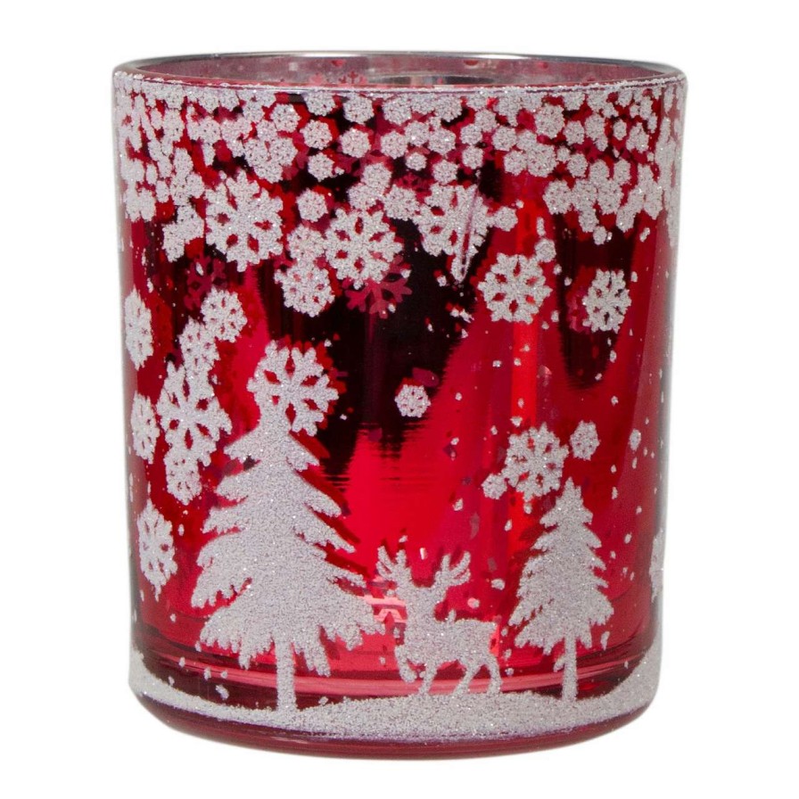 Candles & Lanterns * | Northlight 3 Red And Shiny Silver Deer In Winter Woods Flameless Glass Candle Holder