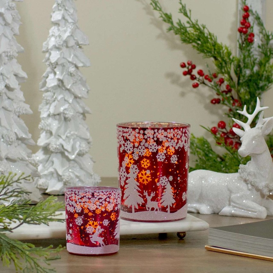 Candles & Lanterns * | Northlight 3 Red And Shiny Silver Deer In Winter Woods Flameless Glass Candle Holder