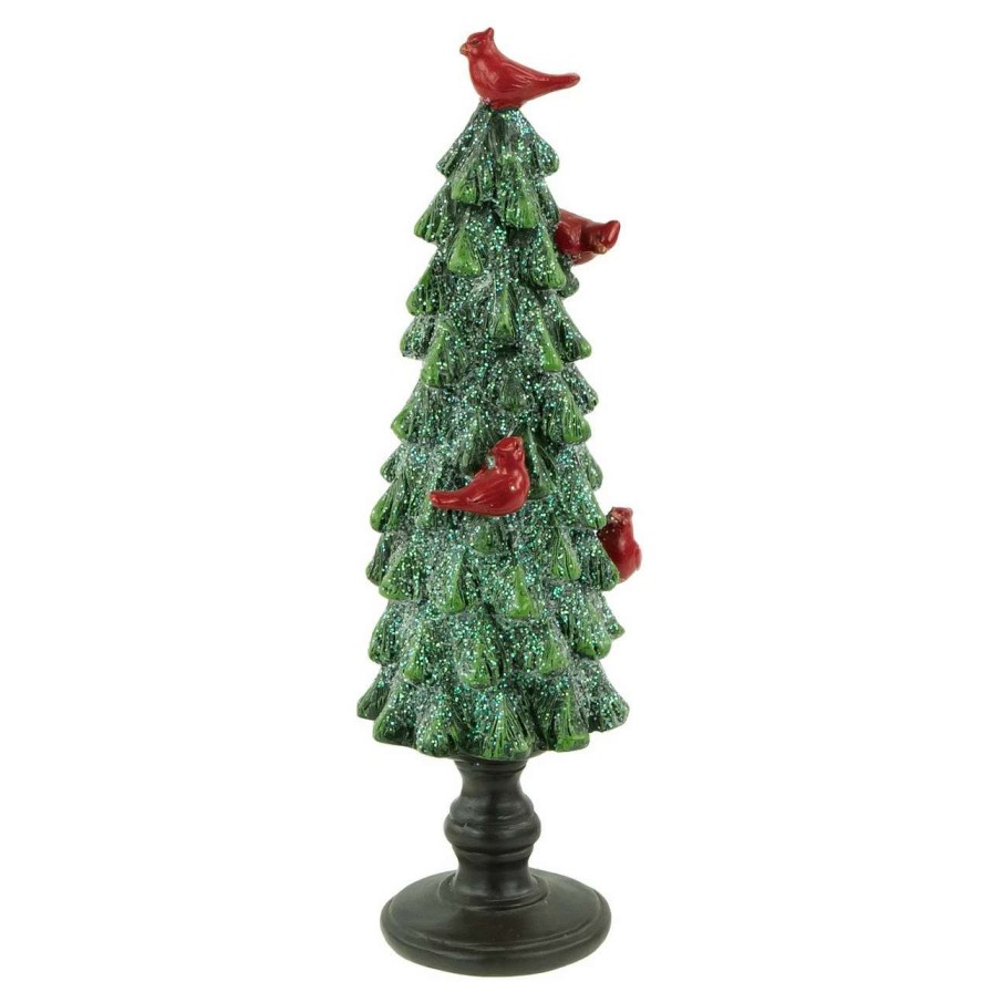 Christmas Table Top Trees * | Northlight 8.75 Green Glittered Christmas Tree With Red Cardinals Decoration