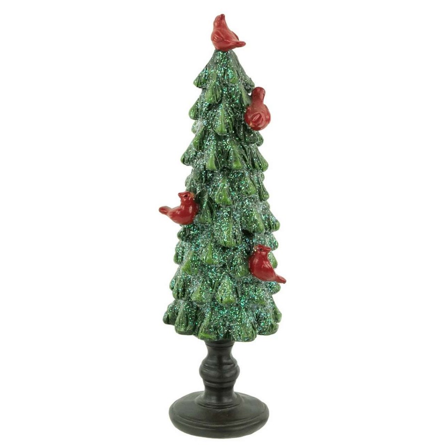 Christmas Table Top Trees * | Northlight 8.75 Green Glittered Christmas Tree With Red Cardinals Decoration