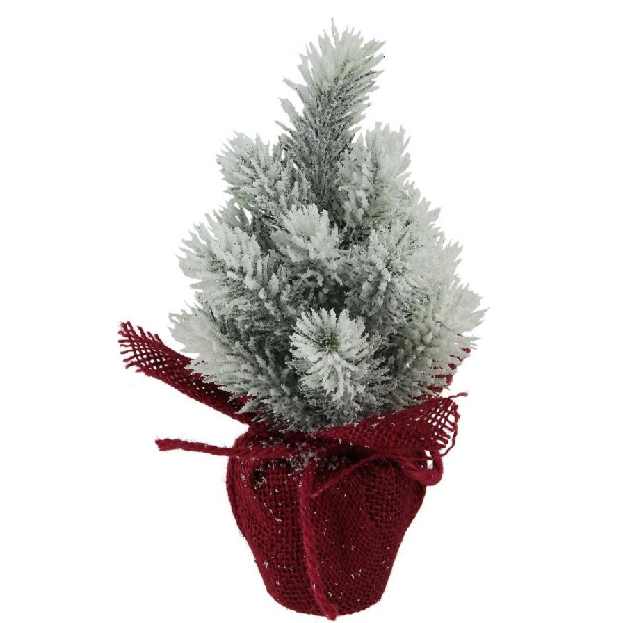 Christmas Table Top Trees * | Northlight 9 Red And White Flocked Mini Pine Christmas Tree In Burlap Base Unlit