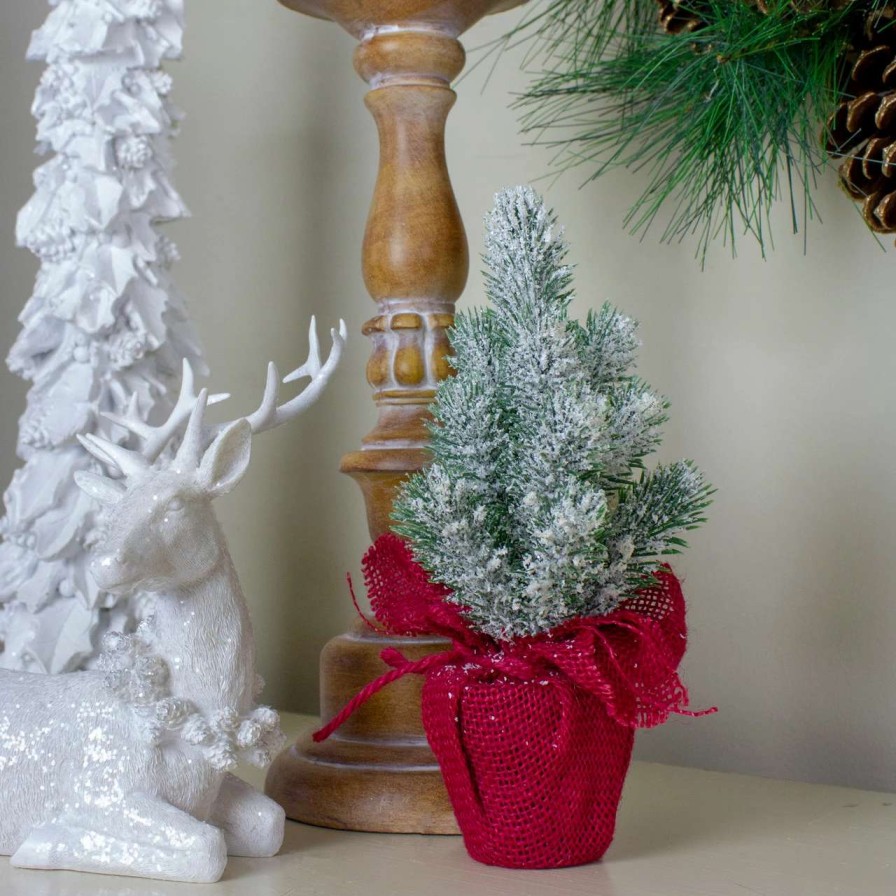 Christmas Table Top Trees * | Northlight 9 Red And White Flocked Mini Pine Christmas Tree In Burlap Base Unlit