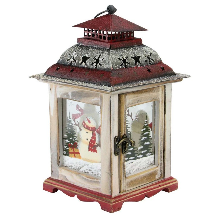 Candles & Lanterns * | Northlight 11.75 Rustic Red And White Snowman Christmas Scene Candle Lantern