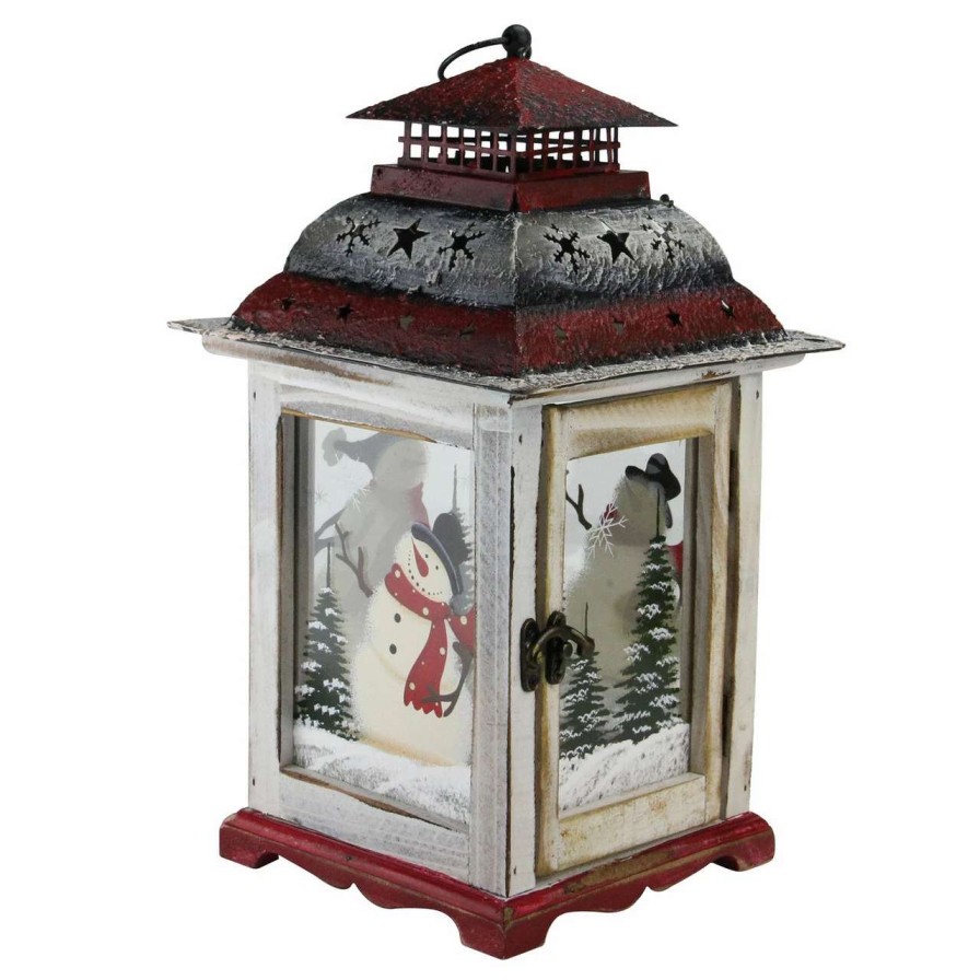 Candles & Lanterns * | Northlight 14.5 Rustic Red And White Snowman Christmas Scene Candle Lantern