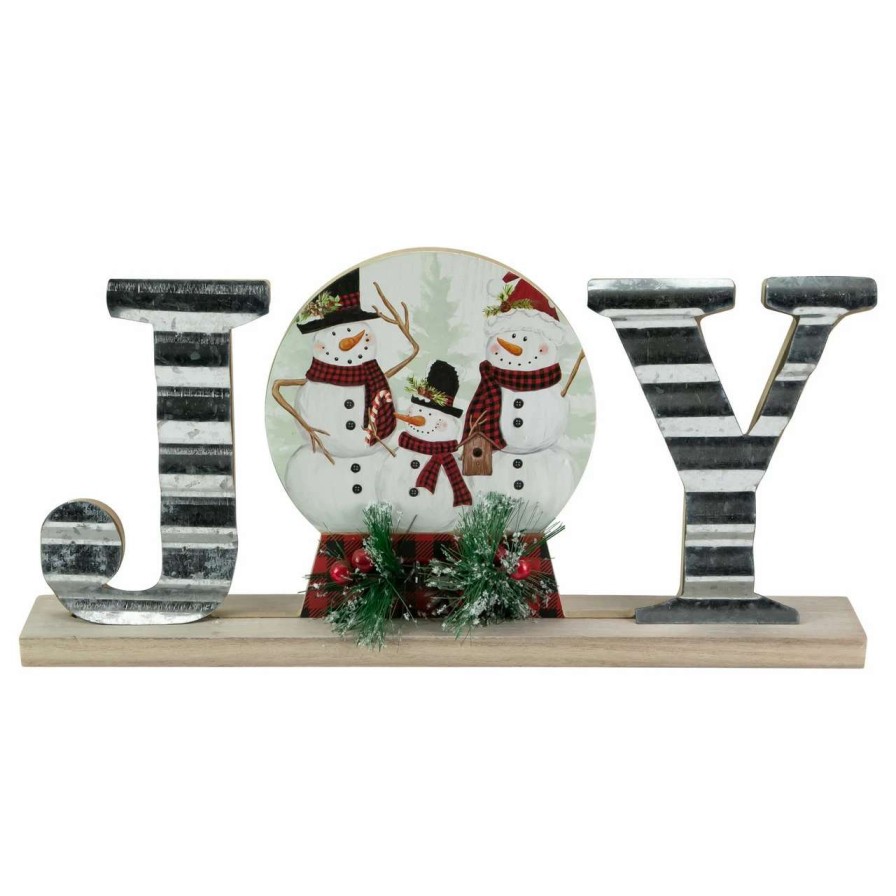 Christmas Village Sets & Accessories * | Northlight 15 Galvanized Metal And Wooden 'Joy' Snowman Family Christmas Sign