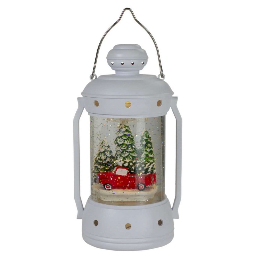 Candles & Lanterns * | Northlight 9 White Lantern Christmas Snow Globe With Red Truck And Trees