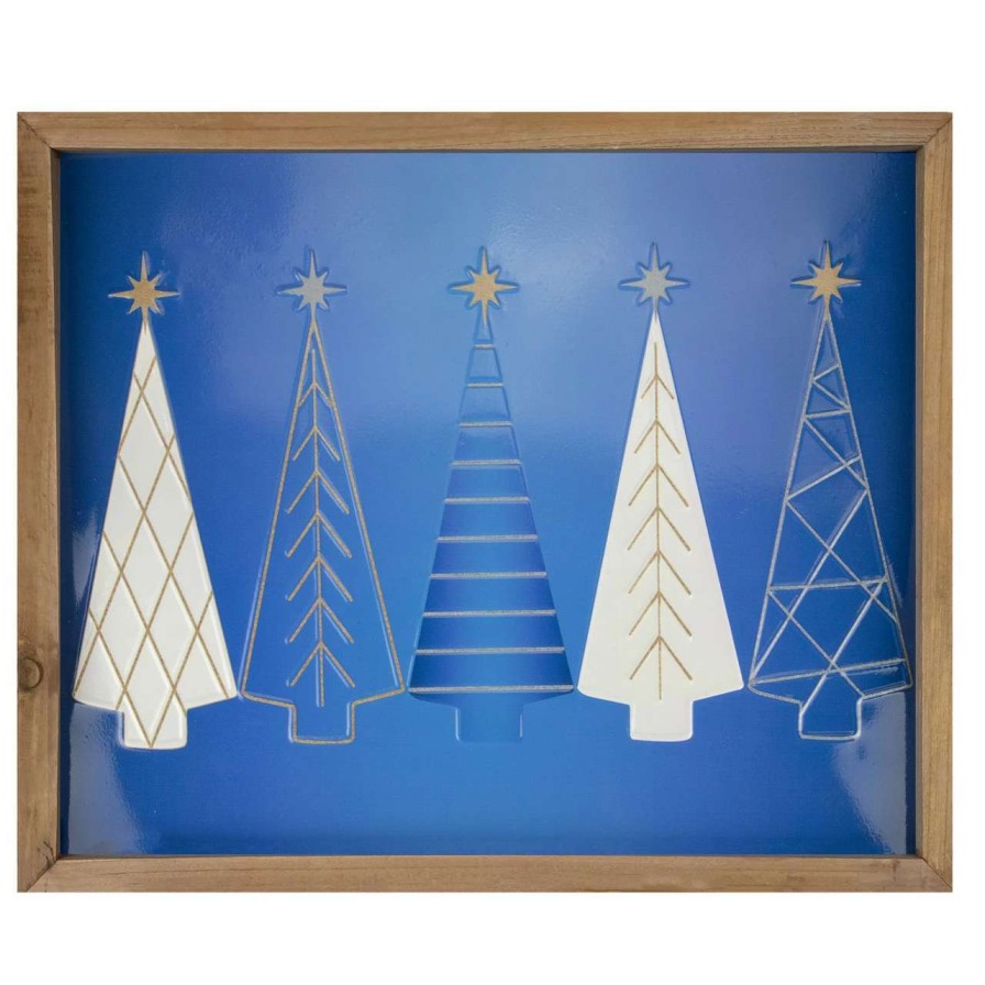 Christmas Village Sets & Accessories * | Northlight 17.75 Blue And White Christmas Trees Wooden Framed Wall Art