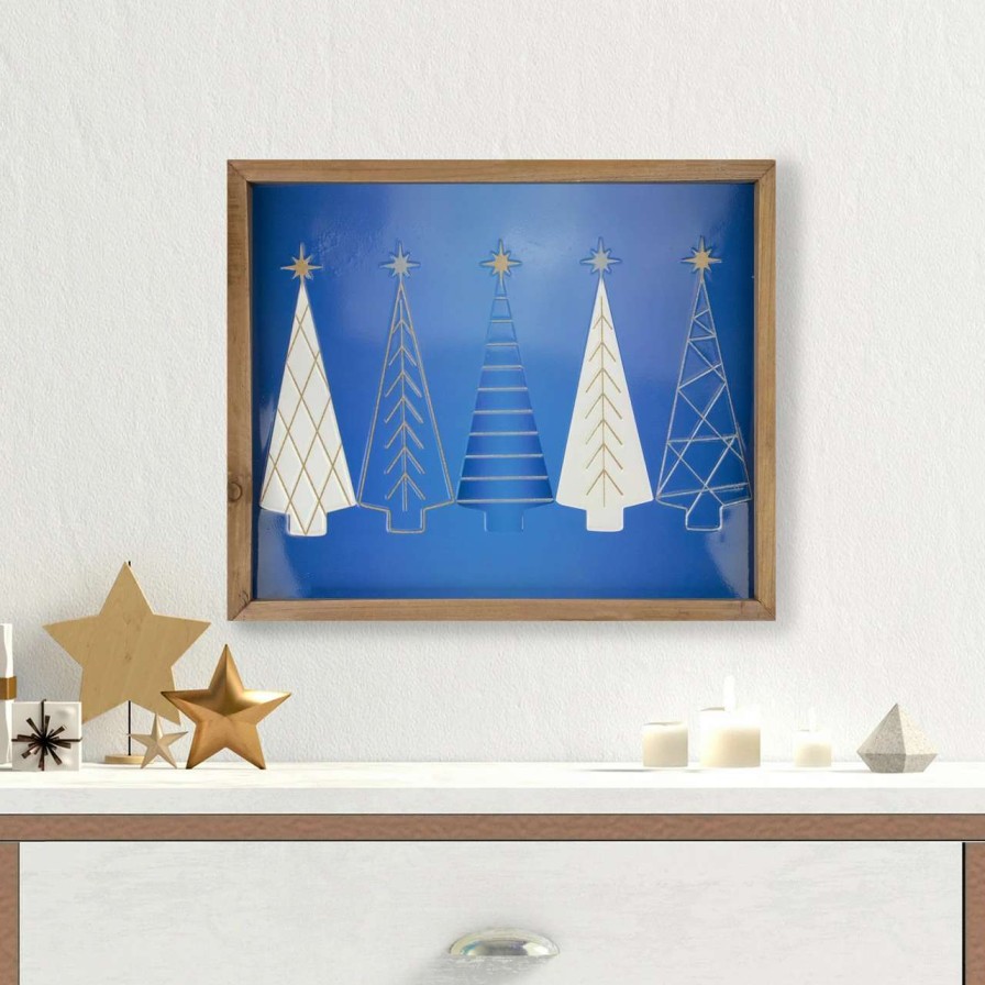 Christmas Village Sets & Accessories * | Northlight 17.75 Blue And White Christmas Trees Wooden Framed Wall Art