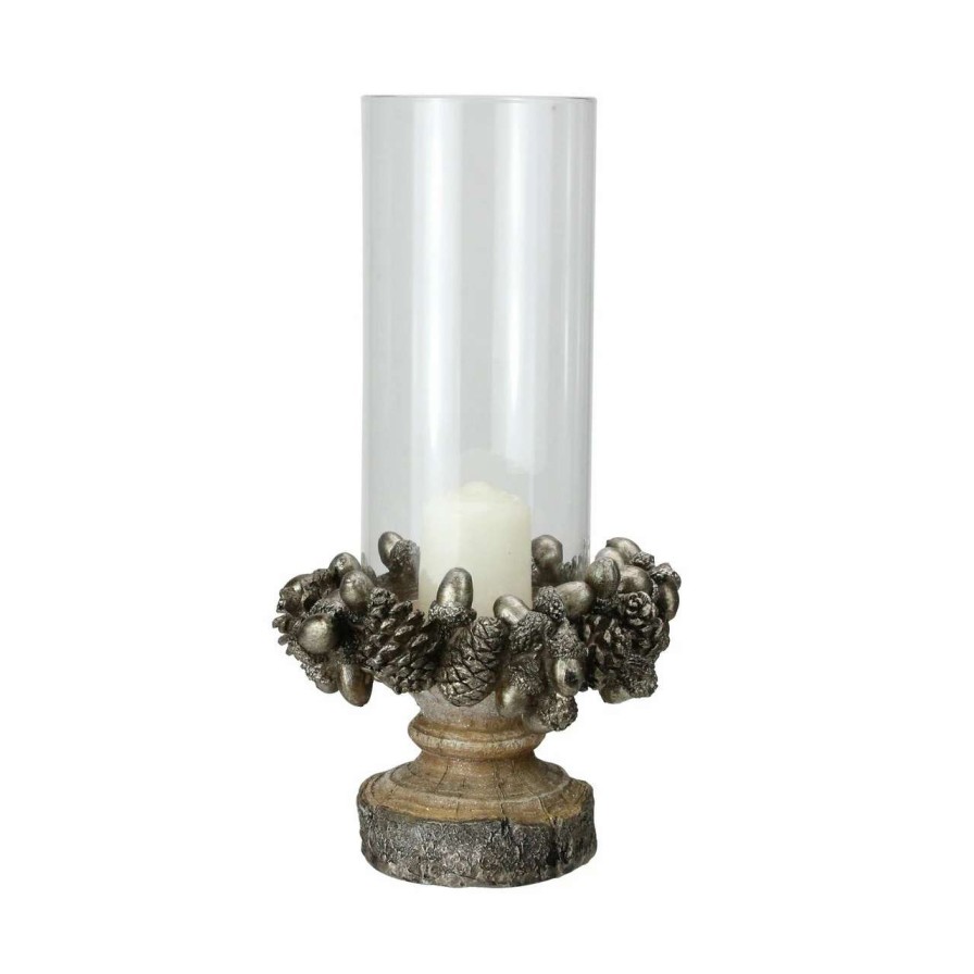 Candles & Lanterns * | Raz 11 Rustic Acorn And Pinecone Tree Pillar Candle Holder With Glass Case