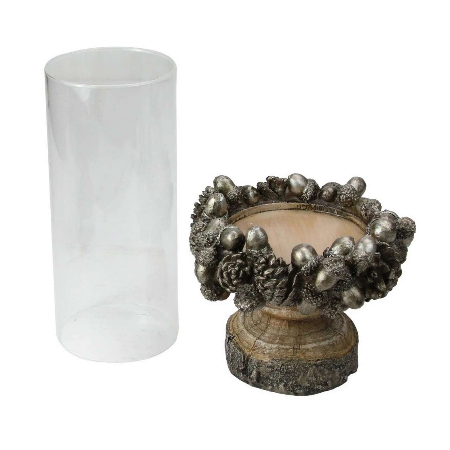 Candles & Lanterns * | Raz 11 Rustic Acorn And Pinecone Tree Pillar Candle Holder With Glass Case