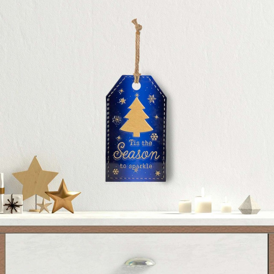 Christmas Village Sets & Accessories * | Northlight 12.25 Tis The Season To Sparkle Blue Christmas Gift Tag Wall Decoration