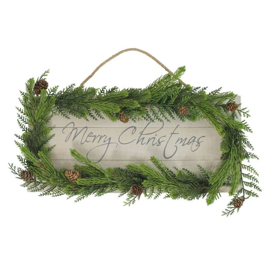 Christmas Village Sets & Accessories * | Allstate 17.5 Pine Wood With Winter Foliage Merry Christmas Sign