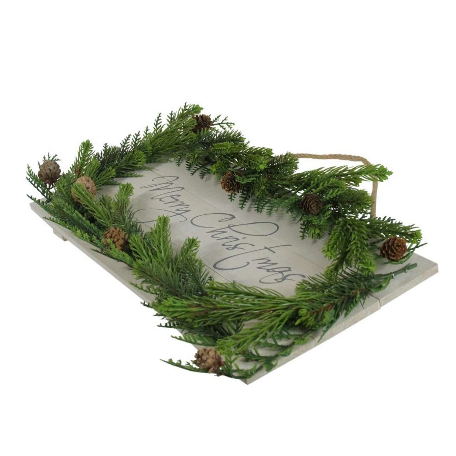 Christmas Village Sets & Accessories * | Allstate 17.5 Pine Wood With Winter Foliage Merry Christmas Sign