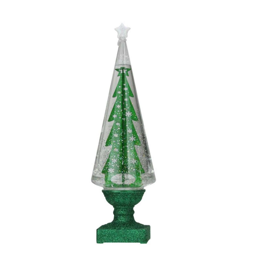 Christmas Village Sets & Accessories * | Roman 14 Green Glitter Led Swirl Water Dome With Christmas Tree Table Top Decoration