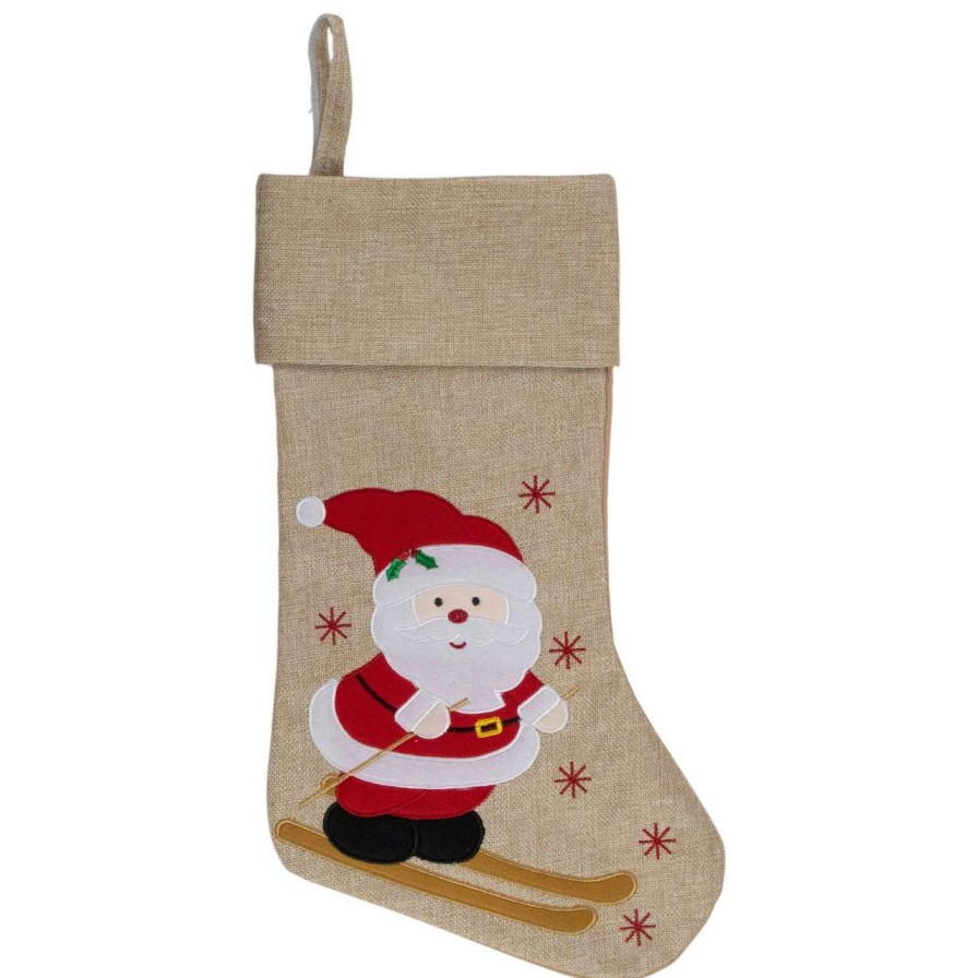 Stockings & Holders * | Northlight 19 Burlap Skiing Santa With Poles And Snowflakes Christmas Stocking