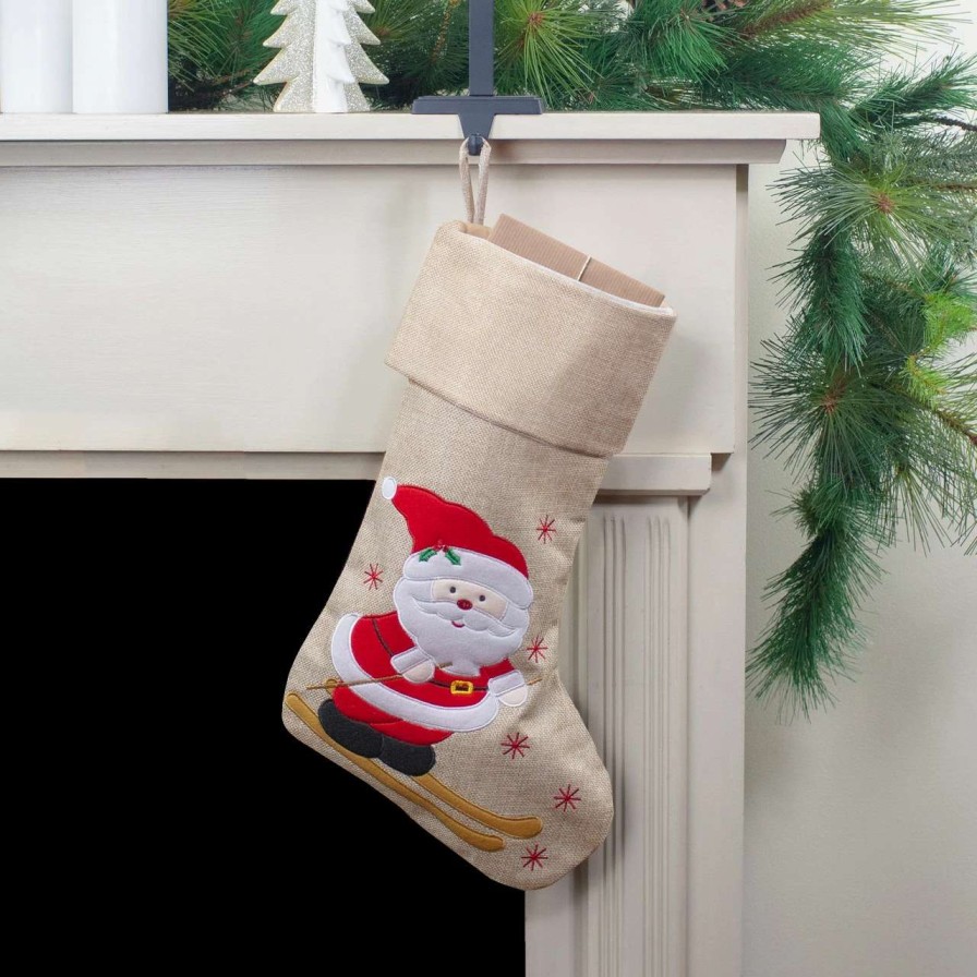 Stockings & Holders * | Northlight 19 Burlap Skiing Santa With Poles And Snowflakes Christmas Stocking