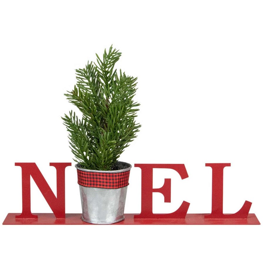 Christmas Village Sets & Accessories * | Northlight 13 Red "Noel" Potted Faux Pine In Metal Planter Christmas Tabletop Plaque