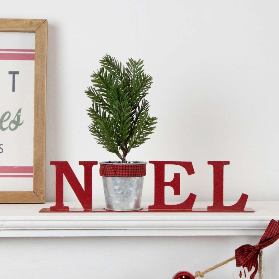 Christmas Village Sets & Accessories * | Northlight 13 Red "Noel" Potted Faux Pine In Metal Planter Christmas Tabletop Plaque