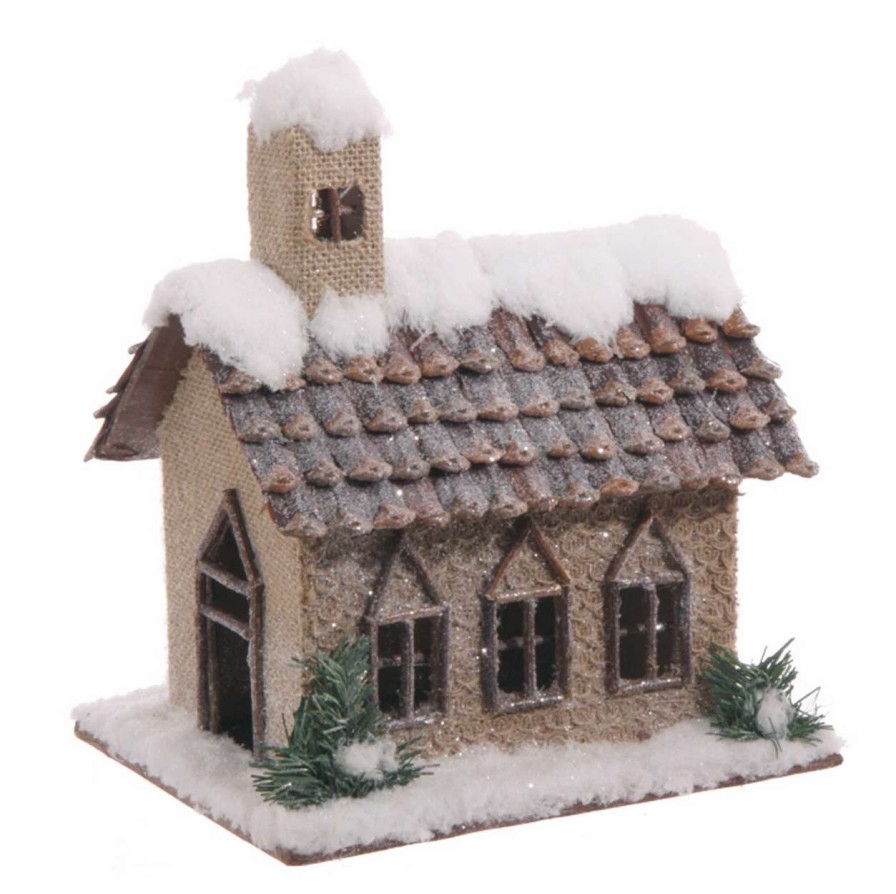 Christmas Village Sets & Accessories * | Raz 10.5 Brown And White Snowy Pine Cone Church Christmas Tabletop Decor