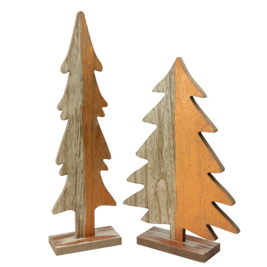 Christmas Table Top Trees * | Midwest Set Of 2 Gray And Brown Wood Trees With Metallic Paint Christmas Figurine 14