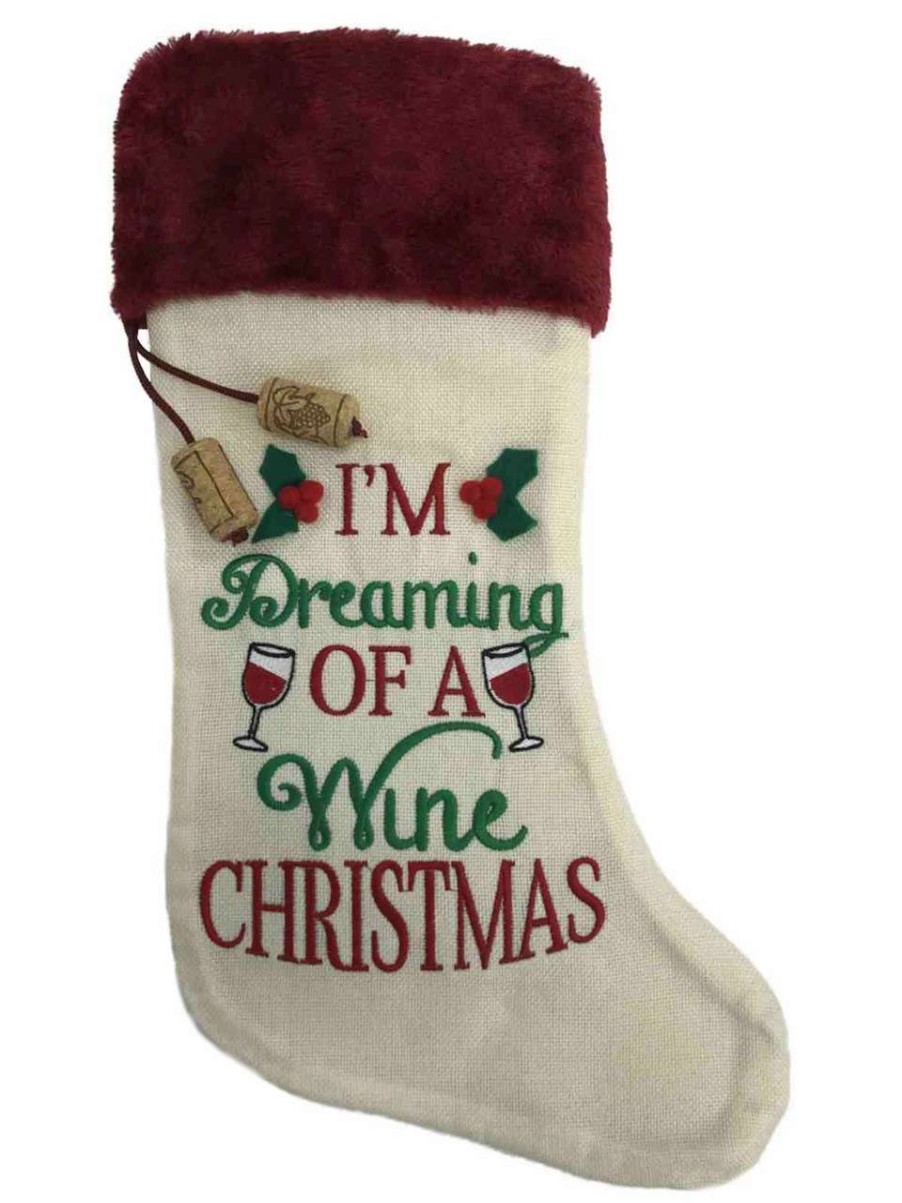 Stockings & Holders * | Holiday Time Beige Red I'M Dreaming Of A Wine Christmas Glass Holly Holiday Stocking