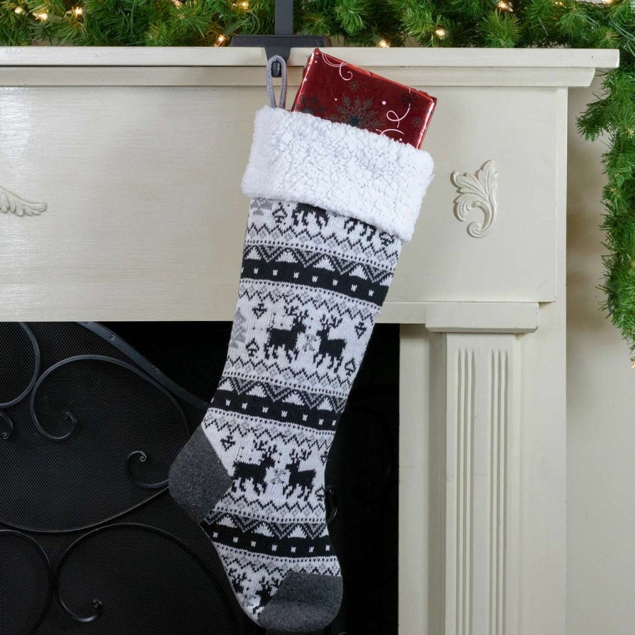 Stockings & Holders * | Northlight 21 Black, Gray And White Rustic Lodge Knit Christmas Stocking With Sherpa Cuff