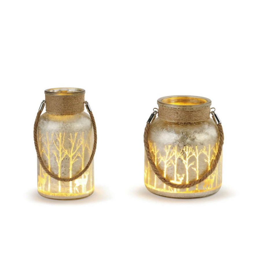 Candles & Lanterns * | Demdaco Lit Woodland Scene Glass Jars, Large Set Of 2 Gray