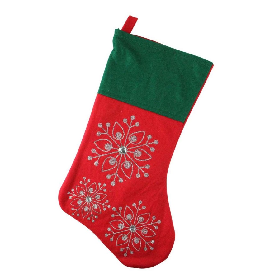 Stockings & Holders * | Northlight 19 Red And Green Felt Christmas Stocking With Snowflakes