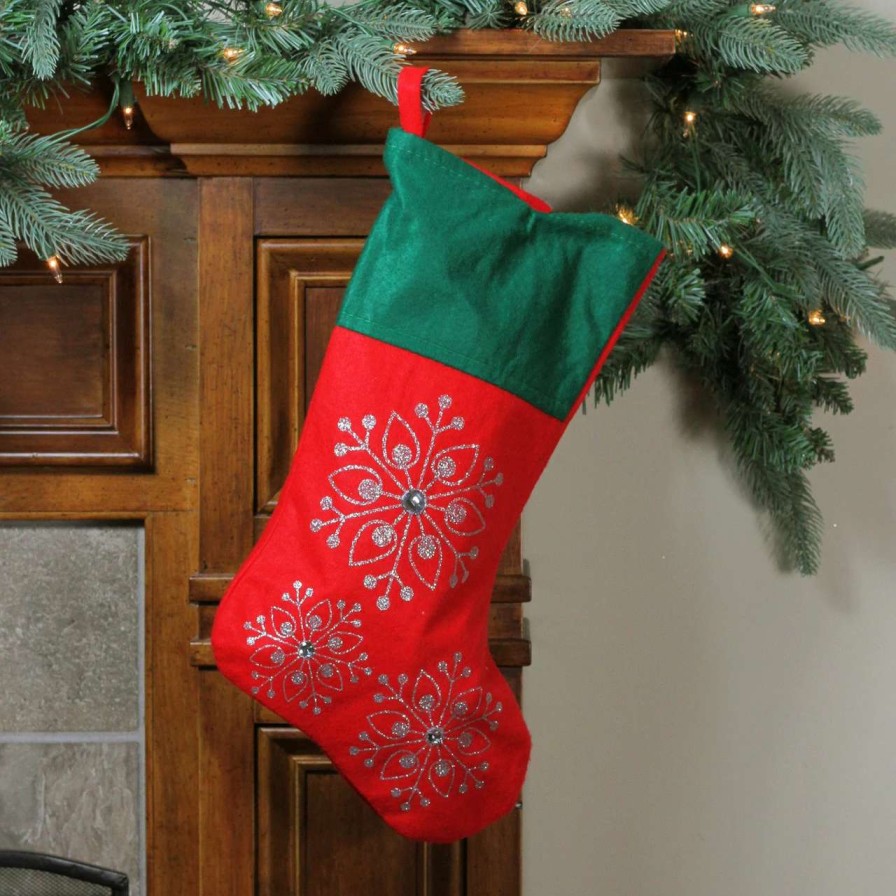 Stockings & Holders * | Northlight 19 Red And Green Felt Christmas Stocking With Snowflakes