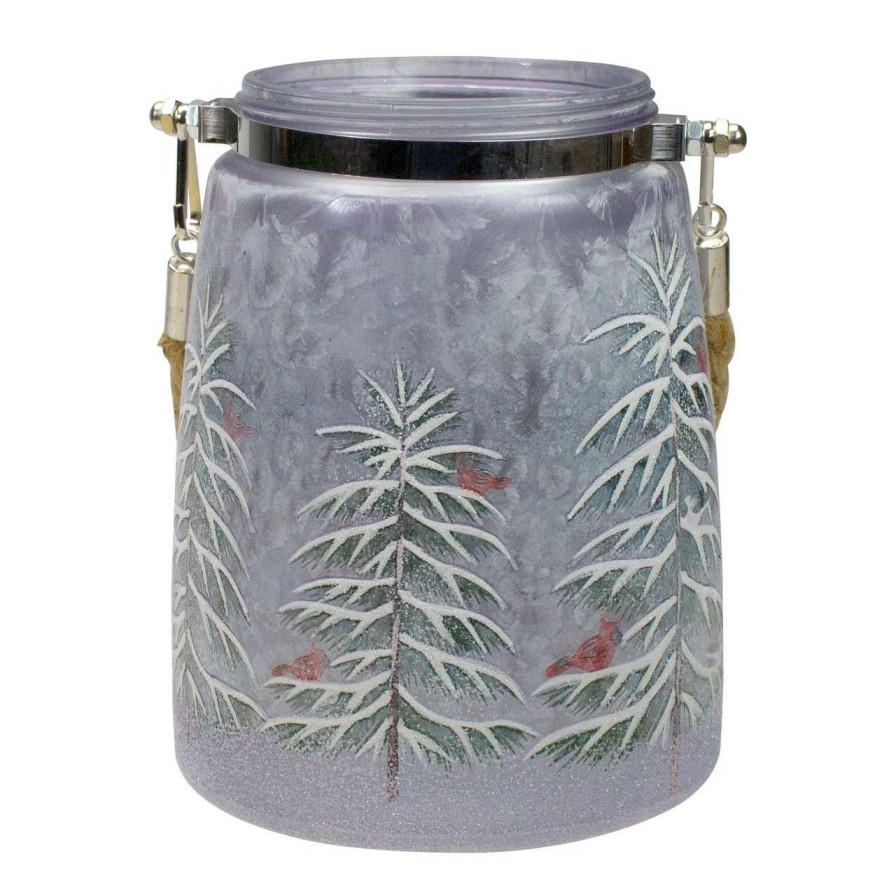 Candles & Lanterns * | Northlight 6.25 Hand-Painted Pine Trees And Cardinals Flameless Glass Christmas Candle Holder