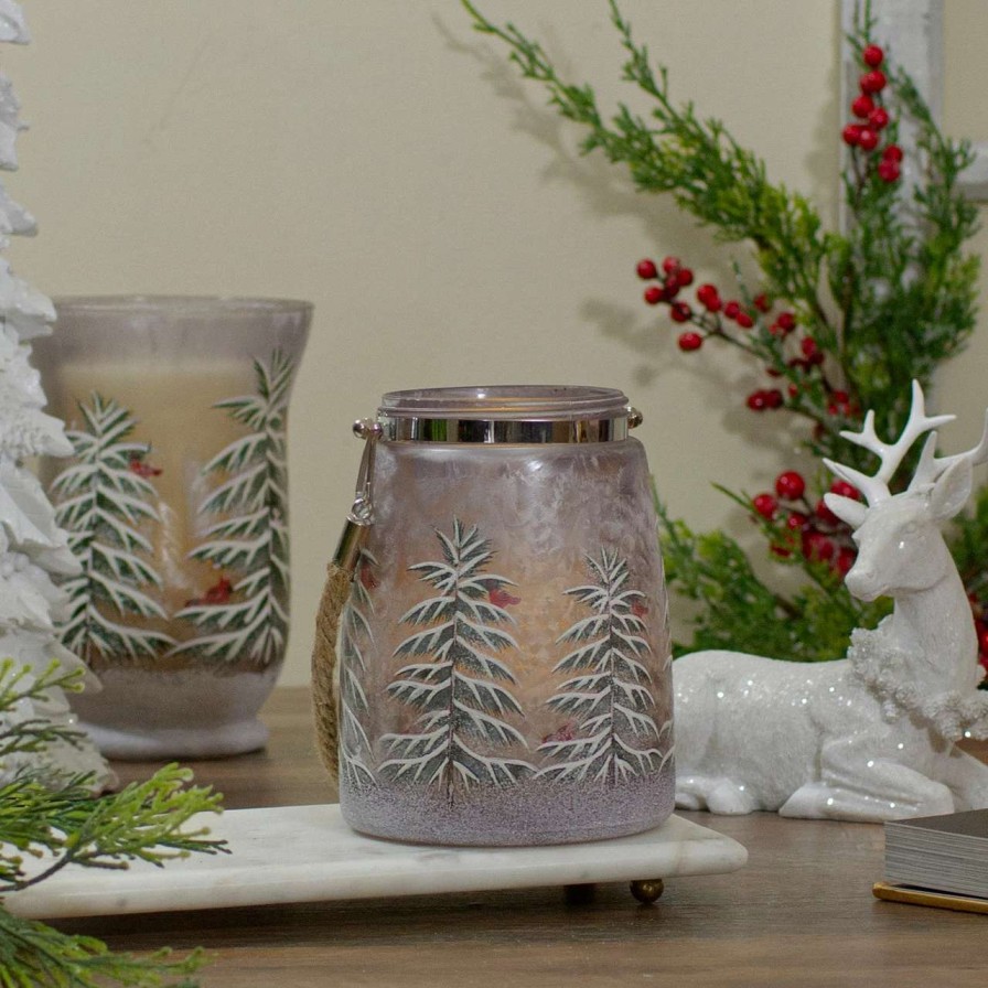 Candles & Lanterns * | Northlight 6.25 Hand-Painted Pine Trees And Cardinals Flameless Glass Christmas Candle Holder