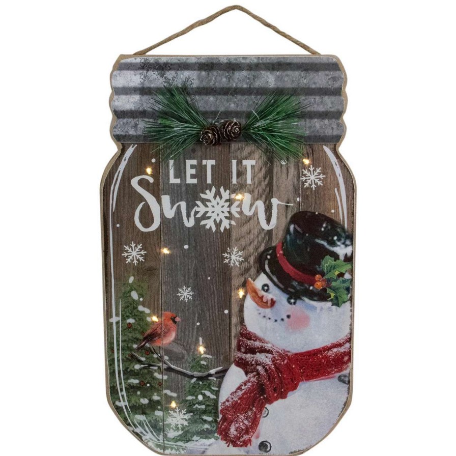 Christmas Village Sets & Accessories * | Northlight 13.5 Battery Operated Mason Jar With Snowman "Let It Snow" Christmas Wall Sign