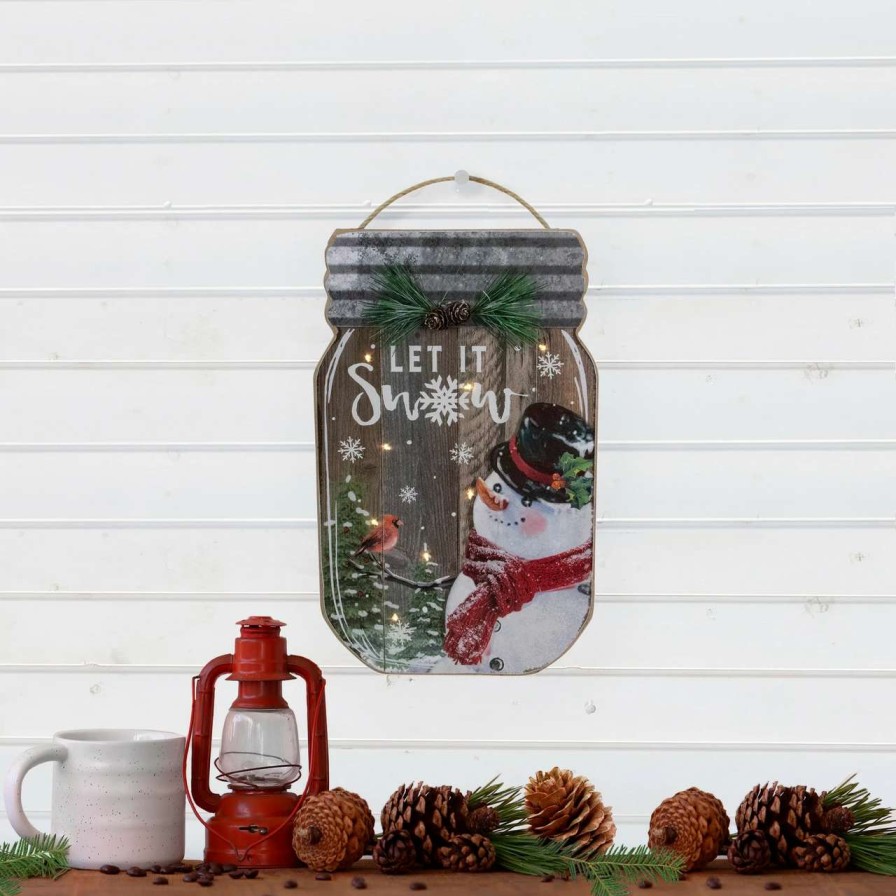 Christmas Village Sets & Accessories * | Northlight 13.5 Battery Operated Mason Jar With Snowman "Let It Snow" Christmas Wall Sign