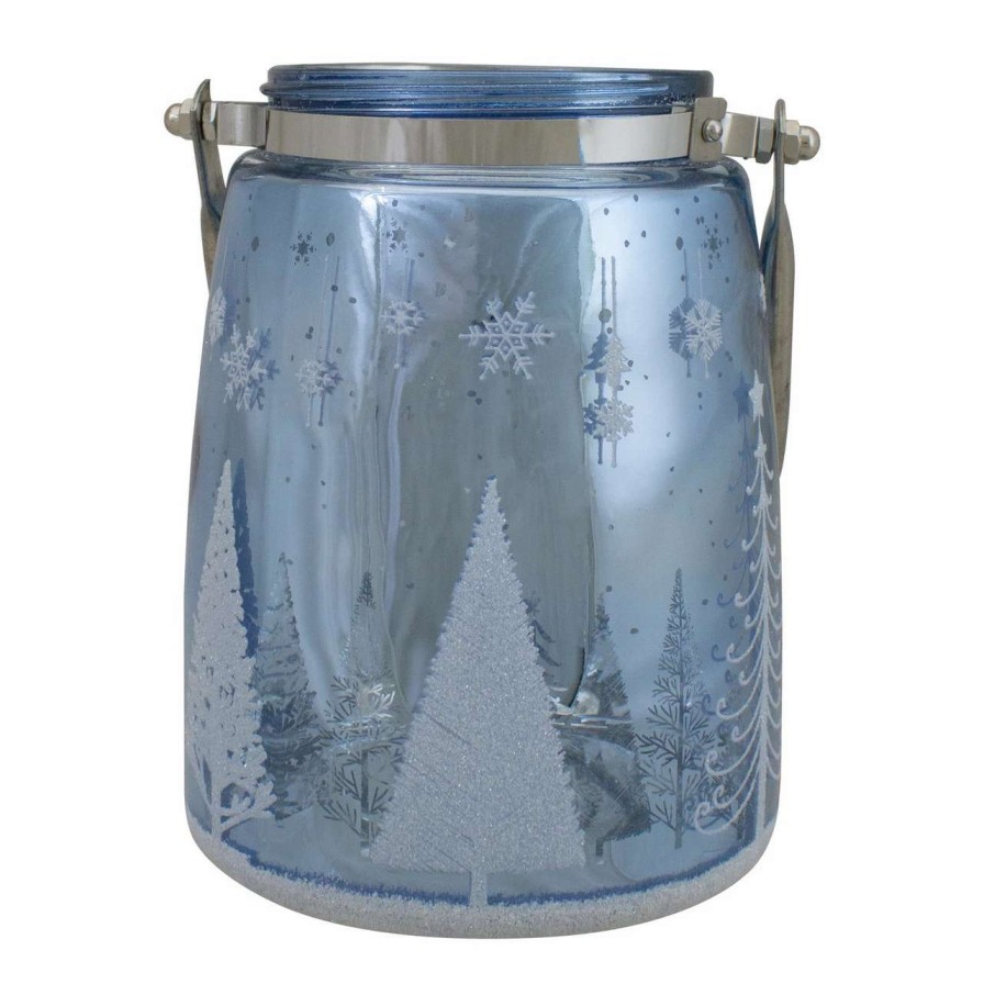 Candles & Lanterns * | Northlight 6.25 Shiny Blue And Silver Winter Forest And Snowflake Christmas Flameless Candle Lantern