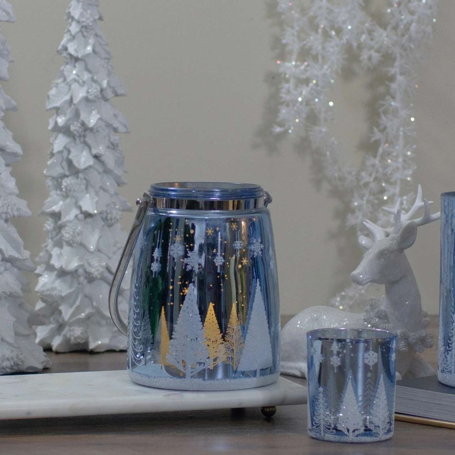 Candles & Lanterns * | Northlight 6.25 Shiny Blue And Silver Winter Forest And Snowflake Christmas Flameless Candle Lantern