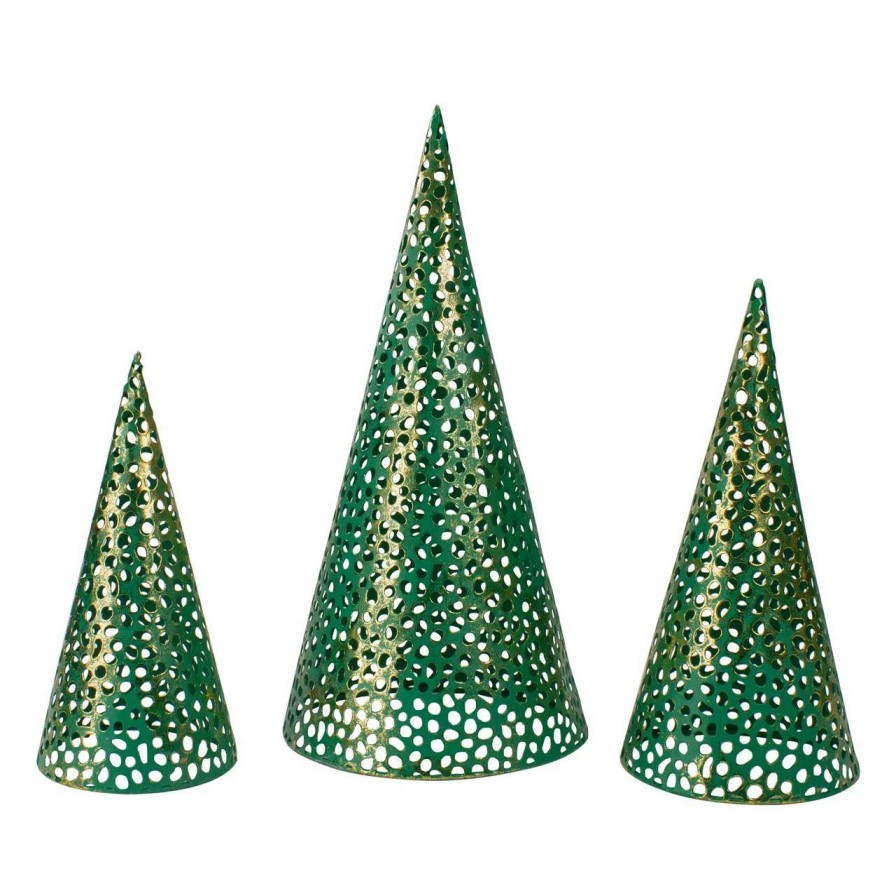 Christmas Table Top Trees * | Northlight Set Of 3 Green And Gold Christmas Tabletop Cone Trees 16