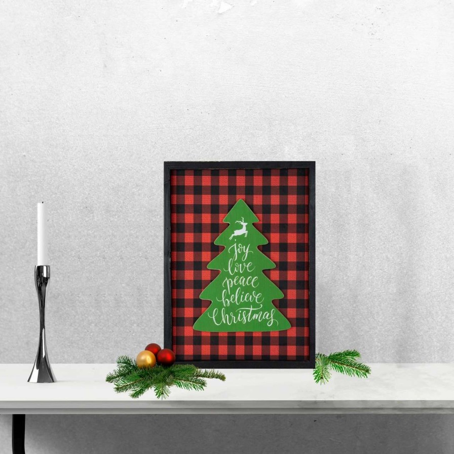 Christmas Village Sets & Accessories * | Northlight 16 Red And Black Buffalo Plaid Christmas Tree Shadow Box Wall Plaque