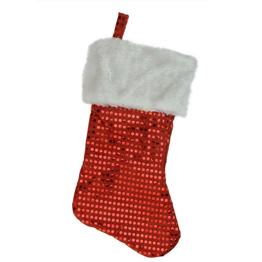 Stockings & Holders * | Northlight 18 Red And White Cuffed Disco Sequined Christmas Stocking