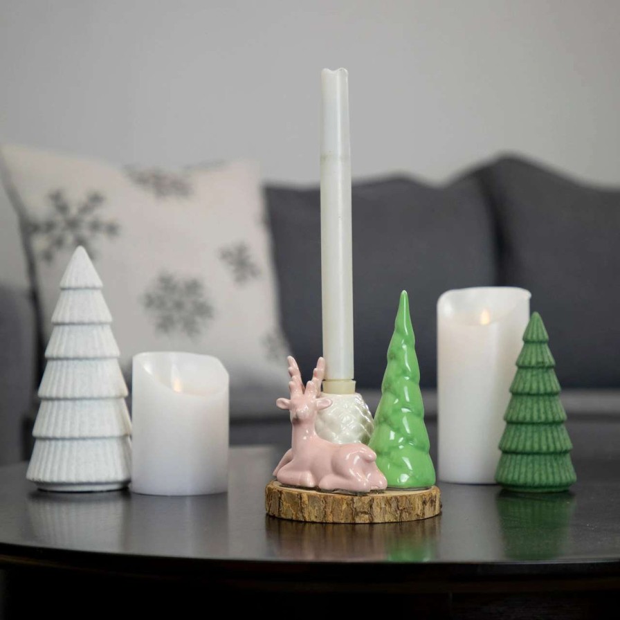 Candles & Lanterns * | Northlight 6 Pink Reindeer With Tree And Pine Cone Christmas Taper Candle Holder