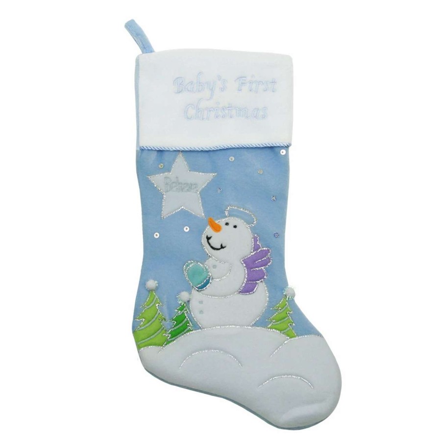 Stockings & Holders * | Northlight 20 Blue Babys First Christmas Velveteen Snowman Angel Christmas Stocking