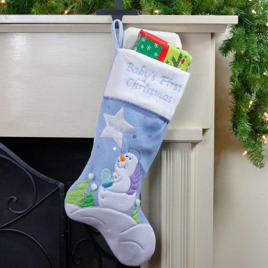 Stockings & Holders * | Northlight 20 Blue Babys First Christmas Velveteen Snowman Angel Christmas Stocking