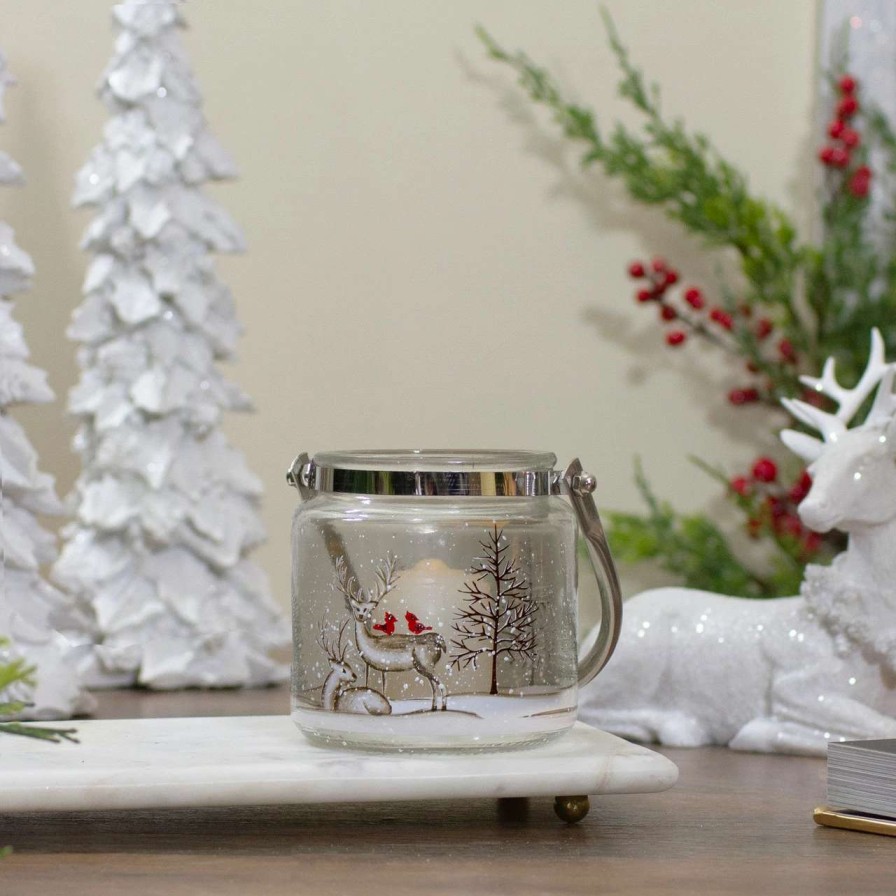 Candles & Lanterns * | Northlight 4 Hand-Painted Pine Trees And Deer Flameless Glass Christmas Candle Holder