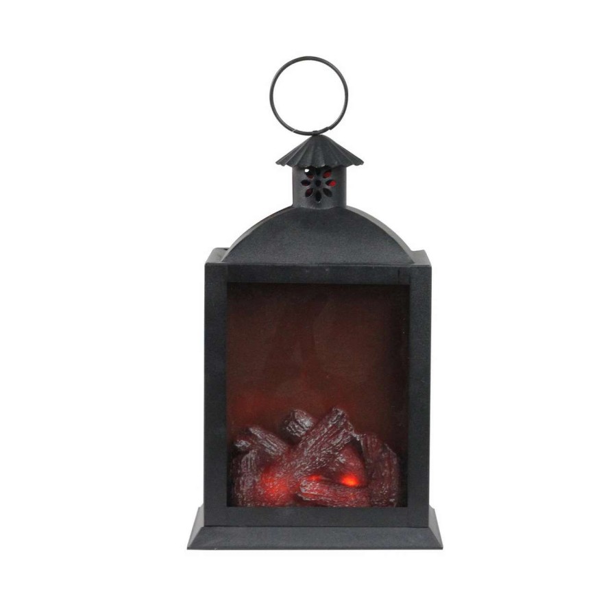 Candles & Lanterns * | Diva At Home 10 Led Lighted Black Chimney Lantern With Faux Fire Christmas Decoration