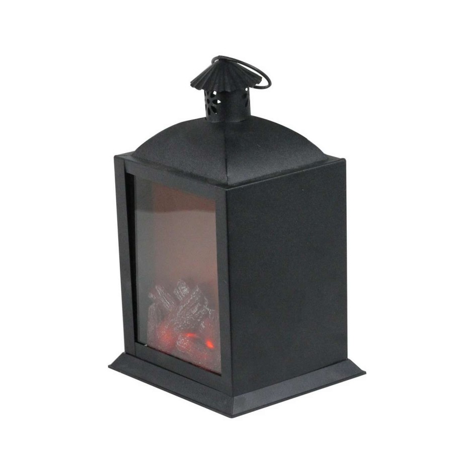 Candles & Lanterns * | Diva At Home 10 Led Lighted Black Chimney Lantern With Faux Fire Christmas Decoration