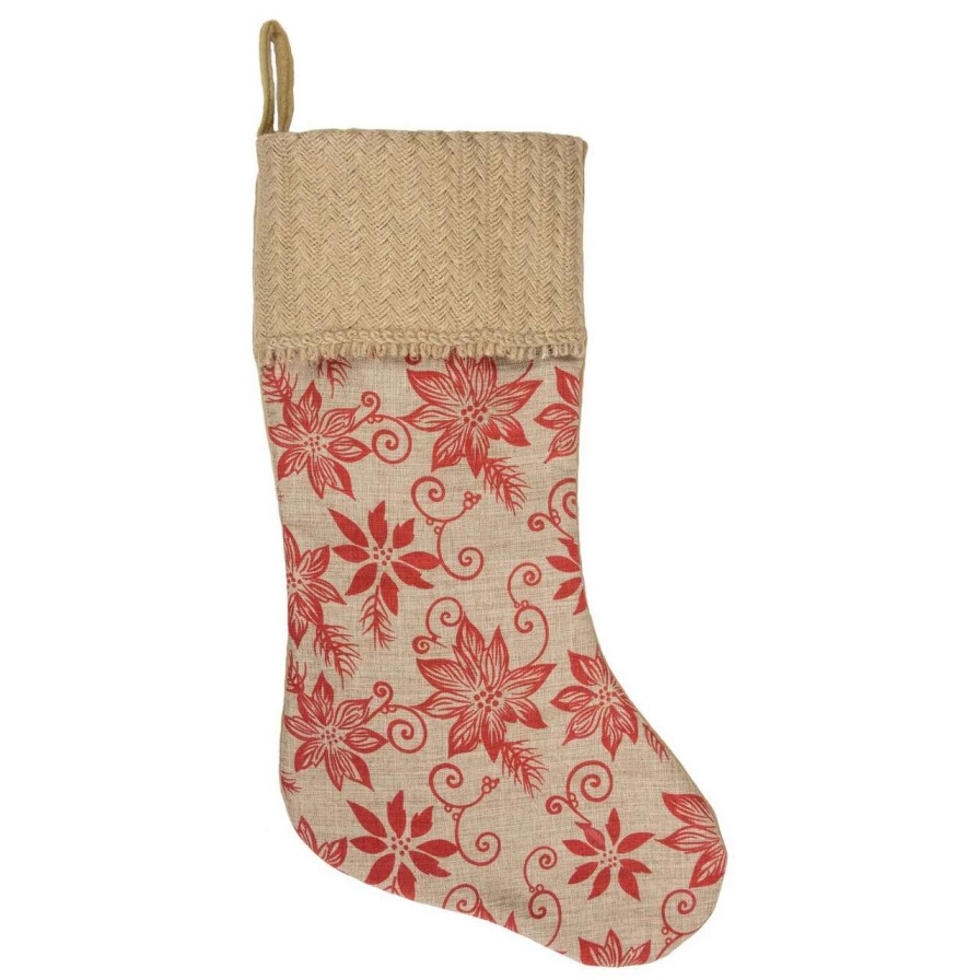 Stockings & Holders * | Northlight 20 Tan And Red Rustic Burlap Poinsettia Christmas Stocking